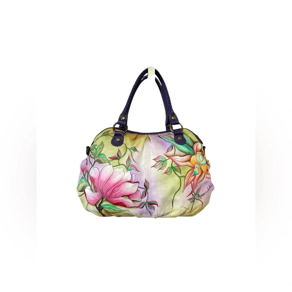 ANUSCHKA Hobo Bag Hand Painted Leather Purse Birds Tropical Flowers - Picture 2 of 15